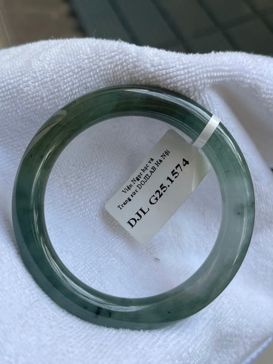 Natural Jade Bangle Bracelet - Green Jade, Ice Grain Texture, Type A Certified Myanmar (A1574)