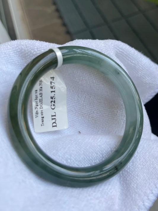 Natural Jade Bangle Bracelet - Green Jade, Ice Grain Texture, Type A Certified Myanmar (A1574)