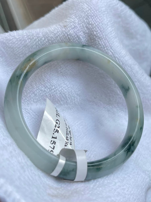 Natural Jade Bangle Bracelet – Pale Green with Dark Green Veins, Certified Myanmar Jewelry Gift (A1579)