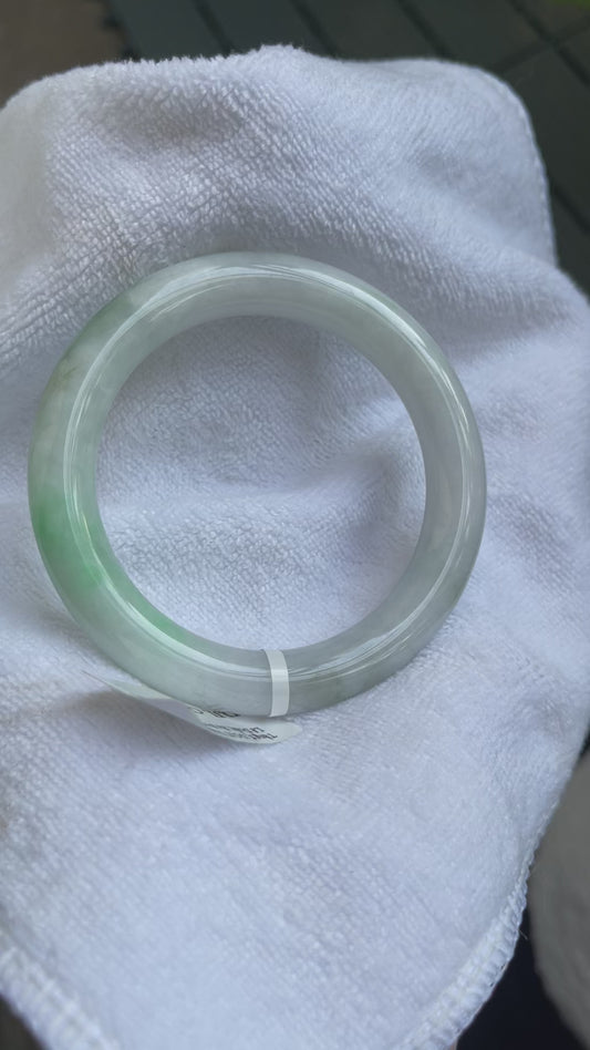 Natural Jade Bangle Round, Green With Gray Color, Type A Untreated, Certified Myanmar Jadeite (A1820)
