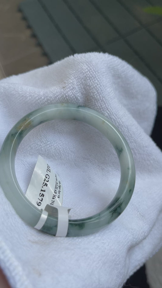 Natural Jade Bangle Bracelet – Pale Green with Dark Green Veins, Certified Myanmar Jewelry Gift (A1579)