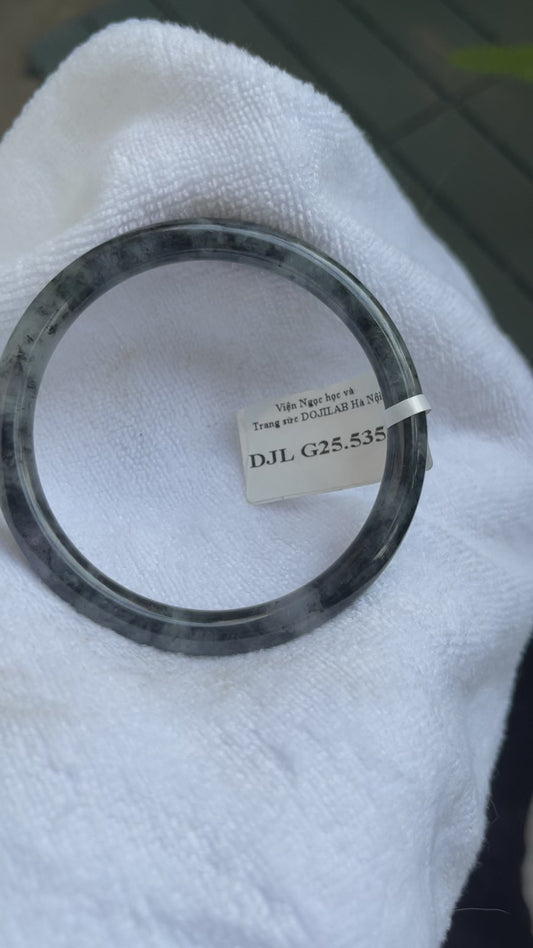 Natural Jade Bangle Bracelet - Black With Gray Jade, Certified Myanmar Jewelry Gift (A5354)